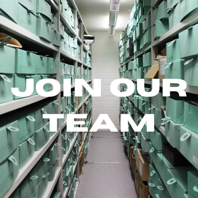 A colour photo showing shelves filled with green archive boxes. White text overlaid over the image reads: JOIN OUR TEAM
