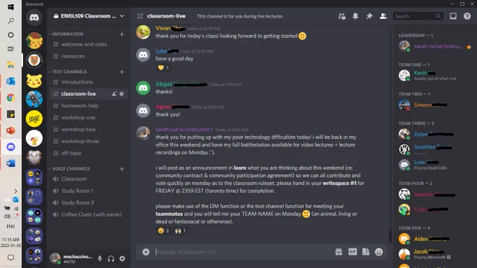 discord screencap 1: a server featuring text channels and voice channels, left-hand panel. live voice and video call features in voice, while on the right hand panel the class is denoted in colour-coded names and statuses. the center console contains the live text chat that can be maintained in real time during and after classroom lectures.