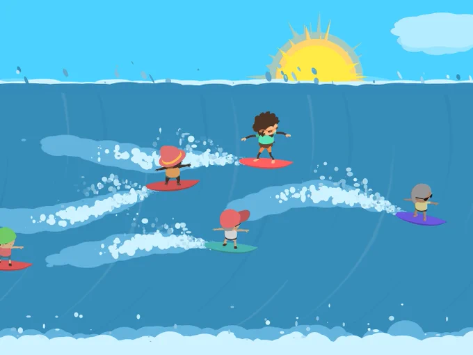 A still image of Sneaky Sasquatch characters surfing.