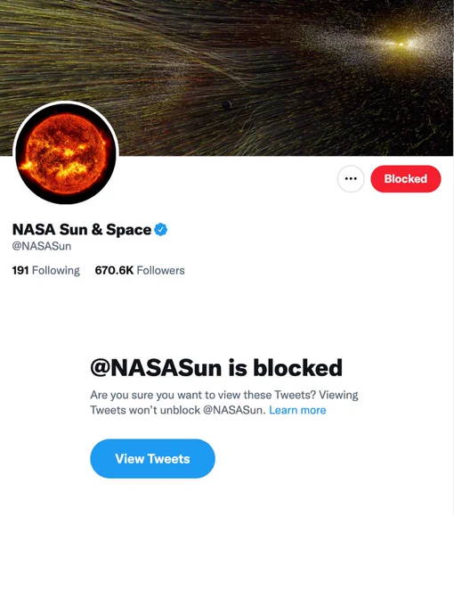 A screenshot of the NASA Sun & Space (@NASASun) Twitter account being "blocked" by the @NASAWebb account