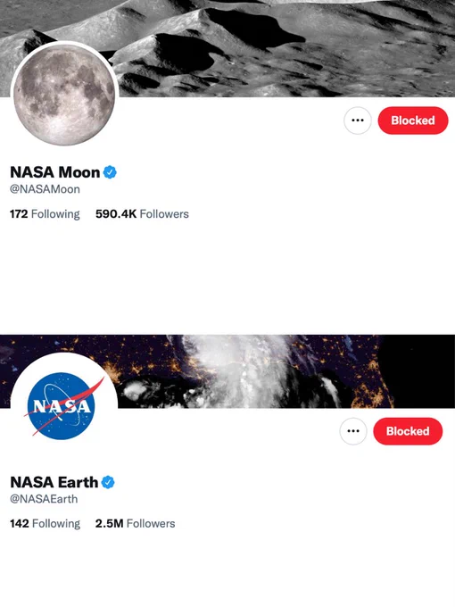 Screenshots of the NASA Moon (@NASAMoon) and NASA Earth (@NASAEarth) Twitter accounts being "blocked" by the @NASAWebb account