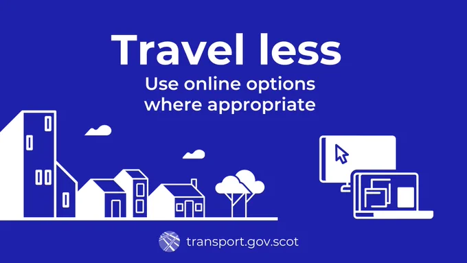 Icons showing a street scene and a laptop. Caption: 'Travel less. Use online options where appropriate.'