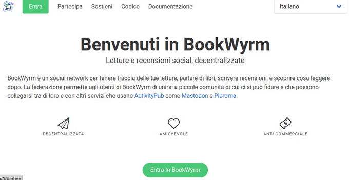 Home page del sito. Benvenuti in Bookwyrm