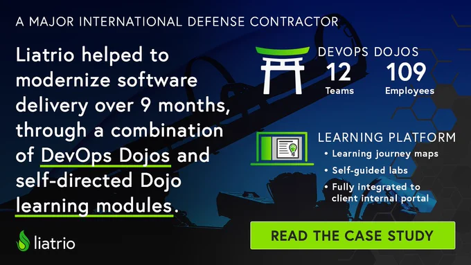 A promotional image  for Liatrio's Northrop-Grumman case study showing client accomplishments over a 9 month period.