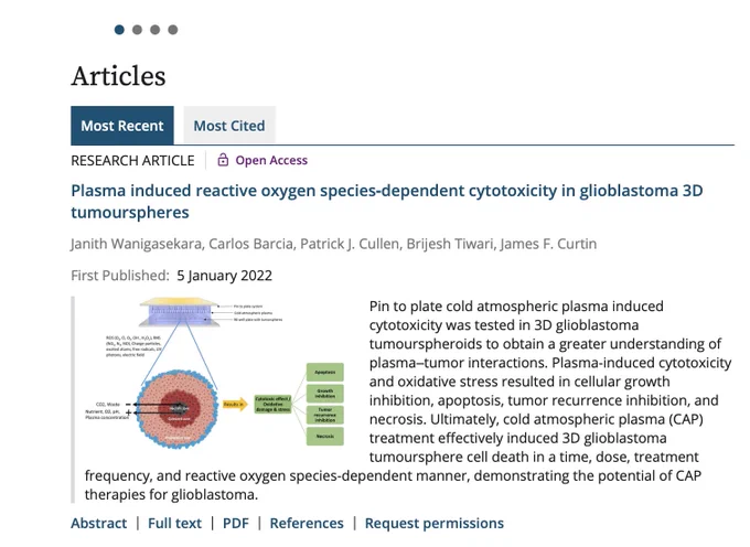 Graphical abstract of Research Article: Wanigasekara J et al., Plasma induced reactive oxygen species-dependent cytotoxicity in glioblastoma 3D tumourspheres Plasma Processes and Polymers (Jan 5th 2022).