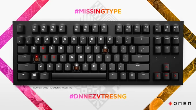Un clavier OMEN sans fil OMEN spacer TKL dont on a retiré les touches A B et O #MissingType #DnnezVtreSng