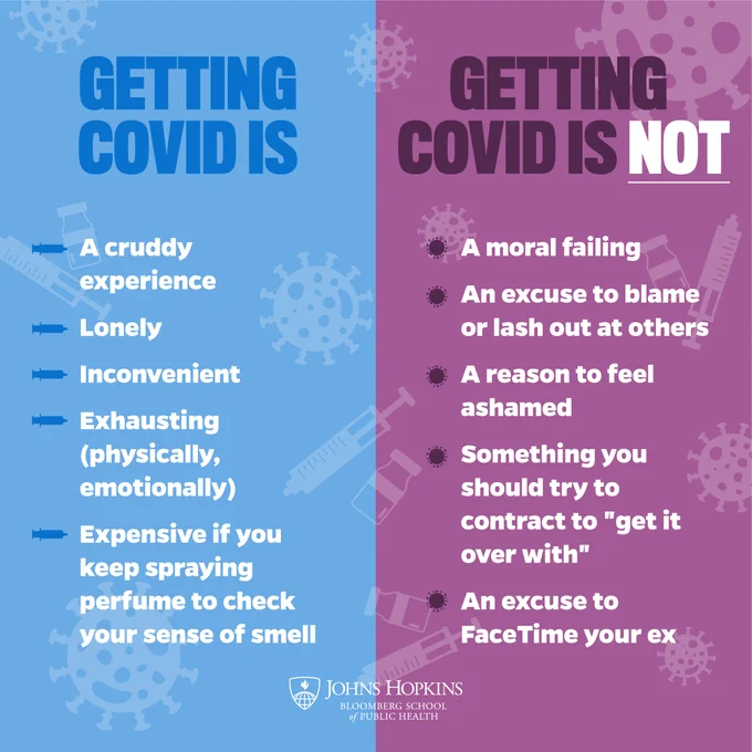 Two columns. Left side says, "Getting COVID Is" and the items on the list are, "A cruddy experience; lonely; inconvenient; exhausting (physically, emotionally); expensive if you keep spraying perfume to check your sense of smell." Right side says, "Getting COVID Is NOT" and the items on the list are, "A moral failing; an excuse to blame or lash out at others; a reason to feel ashamed; something you should try to contract to 'get it over with'; an excuse to FaceTime your ex."
