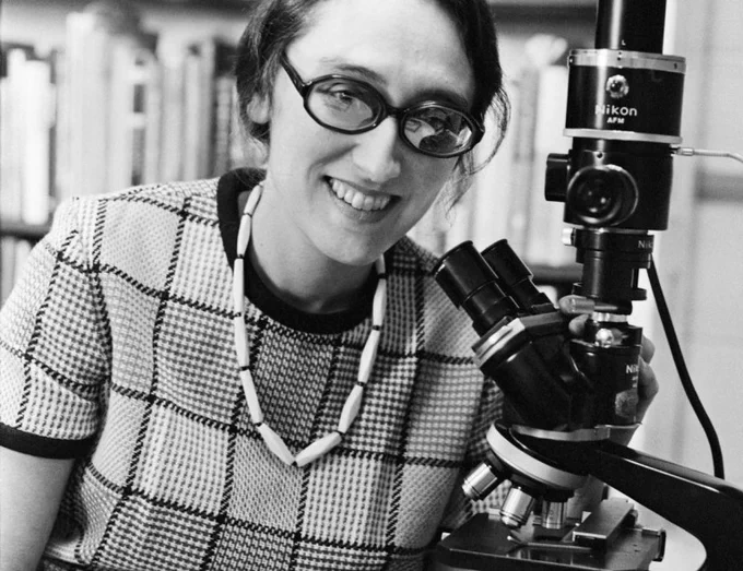Black and white photograph: Lynn Margulis smiles into the camera, her glasses almost obscured by reflecting light. In front of her is a bifocal Nikon microscope, and behind her bookshelves. She is wearing a short sleeve shirt with broad checkers and a necklace made of long narrow beads, that I think are a style considered to be "bone".