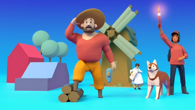 A still image of different Apple Arcade characters on a blue gradient background.