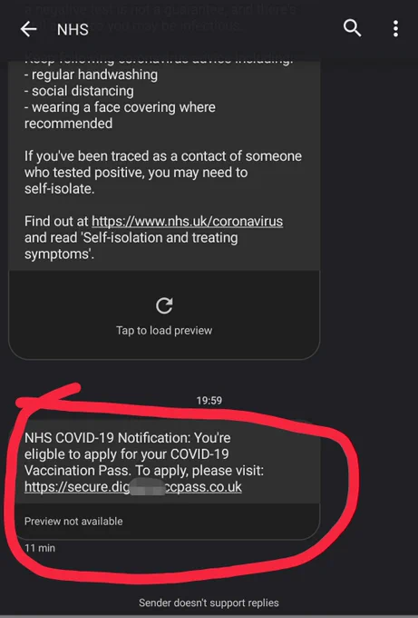 Screenshot of a text message supposedly for NHS which reads: NHS COVID-19 Notification You're eligible to apply for your COVID-19 Vaccination Pass. To apply, please visit... Followed by a website address.