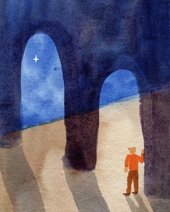 A painting of a person, all alone, peering through two dark arches at a single star in the night sky.