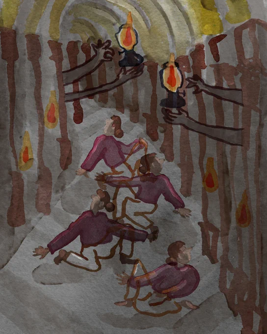 A person in four positions, crouched on the floor of a long, dark hallway. Two sets of arms menacingly hold out gas lamps.