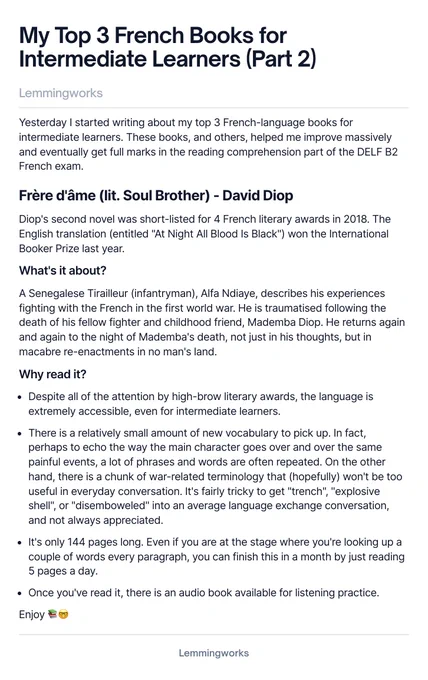 This is the second of three French-language book recommendations for intermediate learners. It reviews Frère d'âme by David Diop.