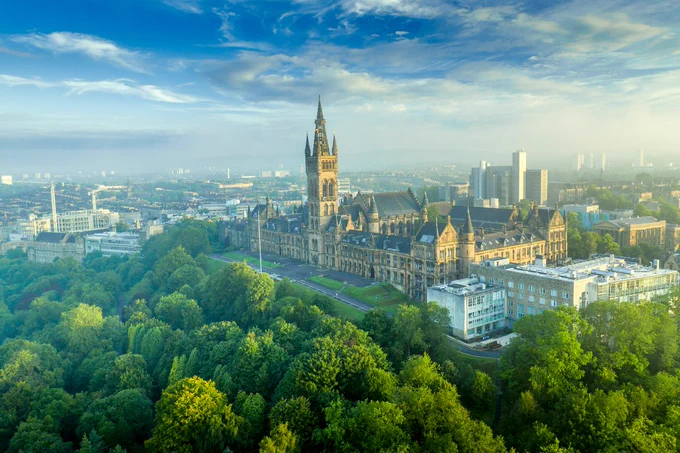 University of Glasgow from the sky with the city of Glasgow in the background. 