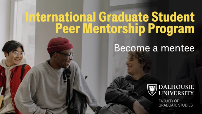 three students sitting at a window sill, smiling. text reads "international graduate student peer mentorship program. become a mentee"