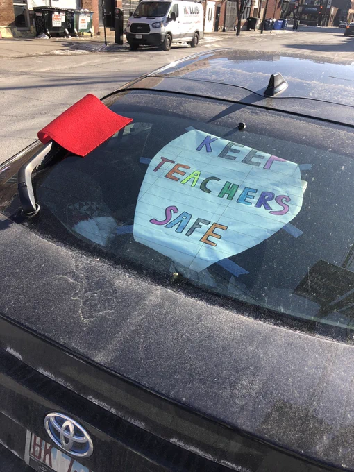 CTU caravan protest sign, “keep teachers safe”.