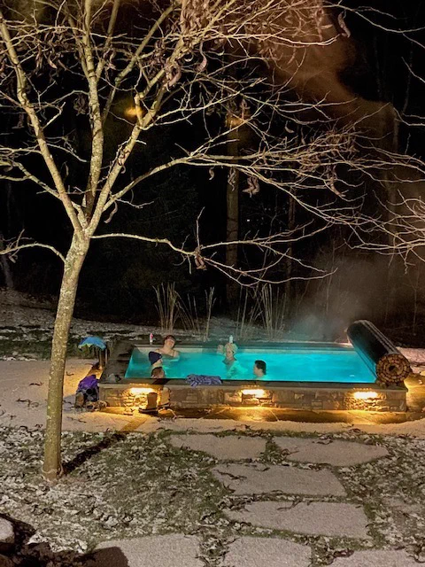 Family and friends came to swim on a snow day in this Soake Plunge Pool in Vermont!