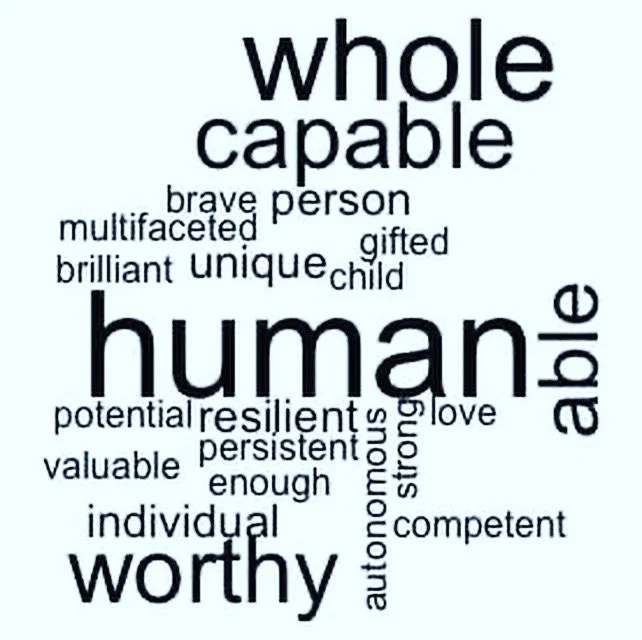 Word cloud with largest words = human, whole, worthy, able, autonomous