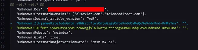 [A list of metadata for a PDF, the important field being two "Unknown:<long random character string>" fields that are color coded to indicate that they have been changed between versions.