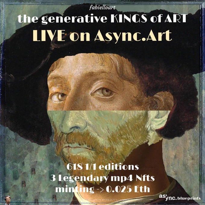 Art history meets the blockchain

The rediscovery and redefinition of traditional classical art in a contemporary interpretation in the NFT era characterize my artistic path o, which combines the spirit and styles of past masterpieces with new digital techniques.

Unique NFTs generated by the remix of 10 paintings by masters of the history of Art:
Antonello da Messina - ritratto d'uomo (1475-76), Sandro Botticelli - alleged self-portrait (1475), Raffaello Sanzio - ritratto di Agnolo Doni (1506), Tiziano - ritratto di Carlo V (1533-35), Sofonisba Anguissola - ritratto di Alessandro Farnese (1560), Caravaggio - Bacco (1596-98), Rembrandt - self portrait (1640), Giovan Battista Tiepolo - frescoes in the Würzburg residenz, detail (1751-53), Paul Cézanne - portrait de Victor Chocquet (1876-77), Vincent van Gogh - self-portrait (1889)
and rare traits from 'Satoshi Nakamoto' symbolic face.

618 1/1  asyncart blueprint, 2 styles, 14 layers, 3 animated MP4 legendary editions