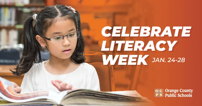 Image shows a young student reading a book. Celebrate Literacy Week, Jan. 24-28, in Orange County Public Schools.