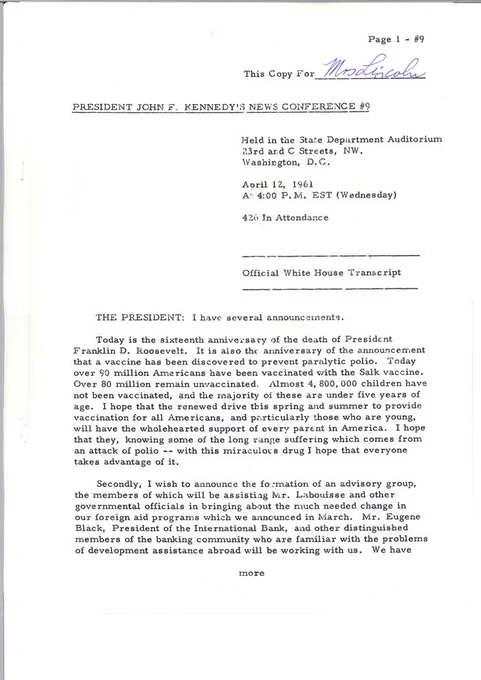 First page of the transcript of JFK's April 12, 1961 press conference, which includes his opening statement on getting vaccinated against polio and the formation of an advisory committee for foreign aid programs.