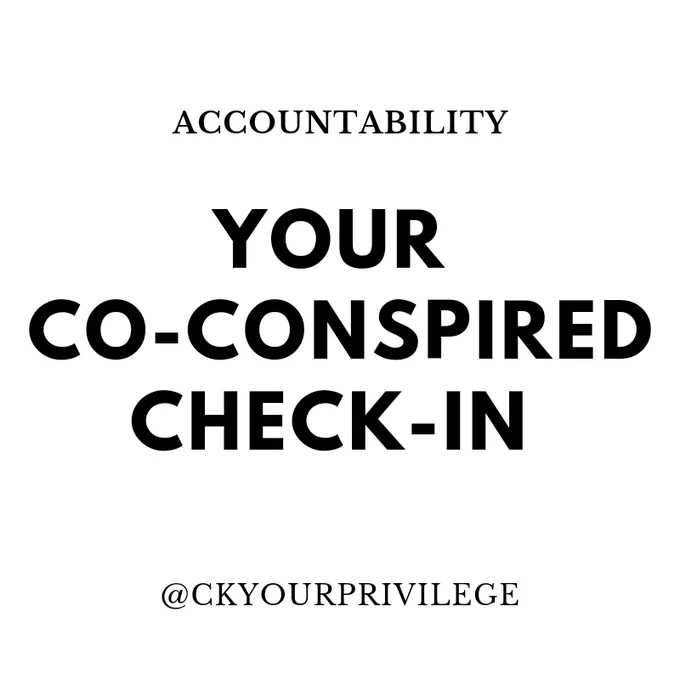 A square graphic with a white background. At the top is center-aligned, black text that reads: Accountability. There is some space and then larger, center-aligned, white text that reads: Your co-conspired check-in. At the bottom of the graphic is center-aligned, white text that reads: @CkYourPrivilege