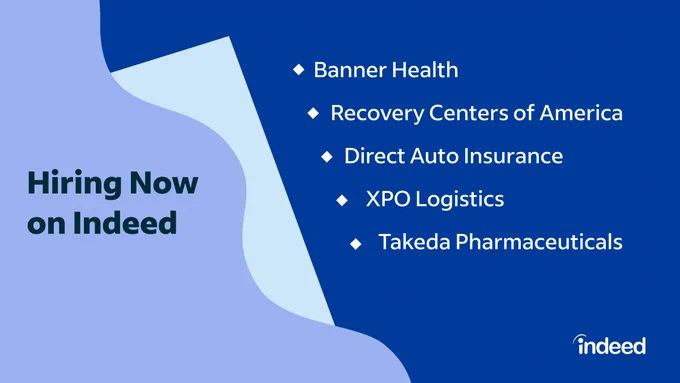 Image with text: hiring now on indeed. List of companies: Banner Health, Recovery Centers of America, Direct Auto Insurance, XPO Logistics, Takeda Pharmaceuticals. 