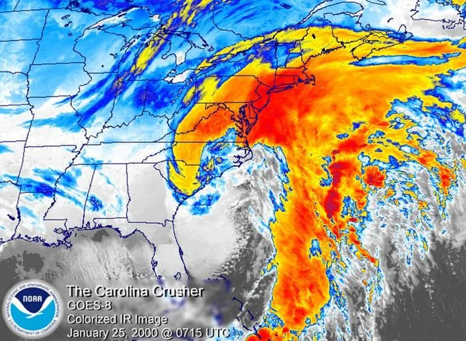 Colorized Infrared Imagery of the historic Blizzard of 2000 on the morning of January 25th.