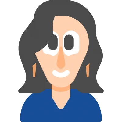 Duolingo-style illustration of the Tweet author, Cindy Blanco. She has wavy black hair partly covering her forehead and eye, she has a long face and nose, is slightly smiling, has a dark blue shirt, and is wearing her very favorite wedge earrings
