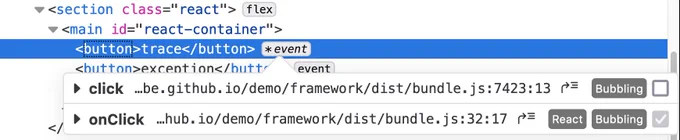 Firefox DevTools Inspector showing the markup view. An "event" badge is displayed (in italic, with a star at the start) next to a `<button>` node. A popup is opened anchored to the event badge. 2 items are displayed, `click` and `onClick`, mapping the event listeners added on the `<button>` element. The `click` item has an unchecked checkbox at the end. The `onClick` has a checked but disabled checkbox at the end, a label indicates it's a React event listener