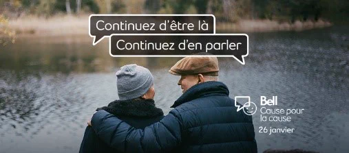 Deux personnes qui se caressent avec texte '' Continuez d’être là '' et '' Continuez d'en parler ''.
