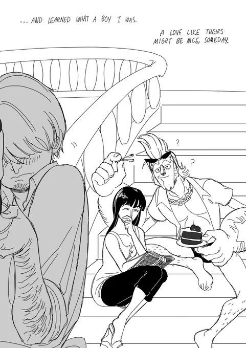 Text: "... And learned what a boy I was. A love like theirs might be nice, someday." Sanji quickly turns around and leaves the couple on the steps, blushing as he hunches his shoulders and hides his face behind the tray of cake. Behind him, Robin laughs knowingly into her hand, book perched on her knee, while next to her Franky holds a slice of cake in one hand and two small forks in the other, watching Sanji in bemused confusion.