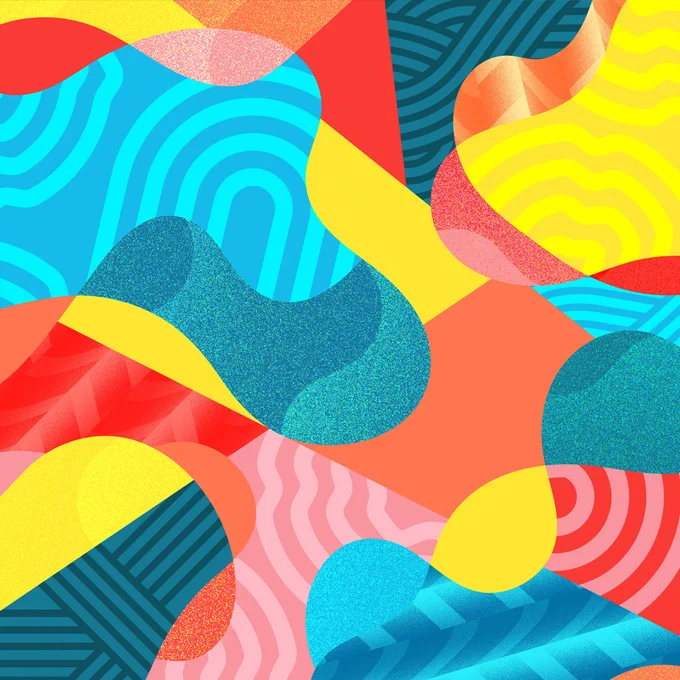A bonanza of primary colors exploding into blobby shapes filled with patterned linework.