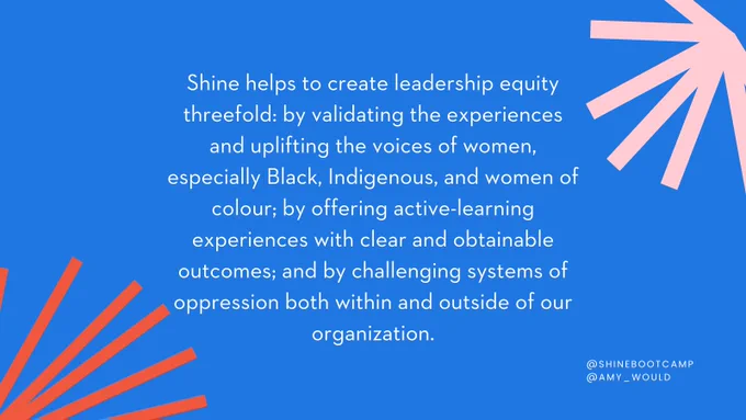 Graphic with vibrant blue background and red and pink starbursts with white text reading: Shine helps to create leadership equity threefold: by validating the experiences and uplifting the voices of women, especially Black, Indigenous, and women of colour; by offering active-learning experiences with clear and obtainable outcomes; and by challenging systems of oppression both within and outside of our organization.