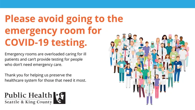 Please avoid going to emergency room for COVID-19 testing. Emergency rooms are overloaded caring for ill patients and can't provide testing for people who don't need emergency care. Thank you for helping us preserve the healthcare system for those that need it most.
