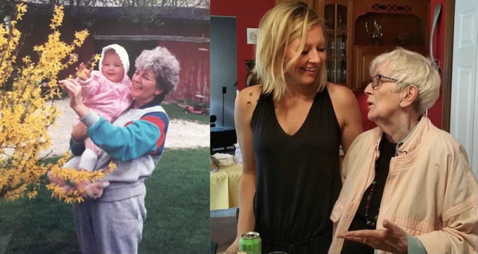 On left, a young girl held by her grandmother picking yellow flowers from a tree in front of an old red barn. On right, the same two, 20ish years later, talking and smiling at each other.