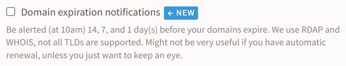 Screenshot showing the checkbox to enable the domain expiration notifications