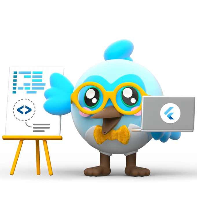 Image of the Flutter mascot, Dash, teaching while holding a laptop that has the Flutter logo on it with a white background.