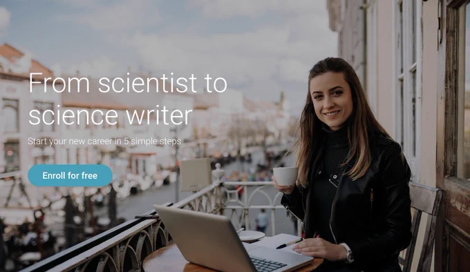 Image of female writer working at her laptop on a cafe balcony, next to the title of the free webinar "From scientist to science writer: start your new career in 5 simple steps".