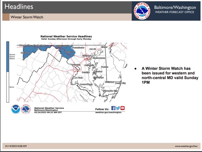 A map of Maryland showing A Winter Storm Watch has
been issued for western and
north-central MD valid Sunday
1PM