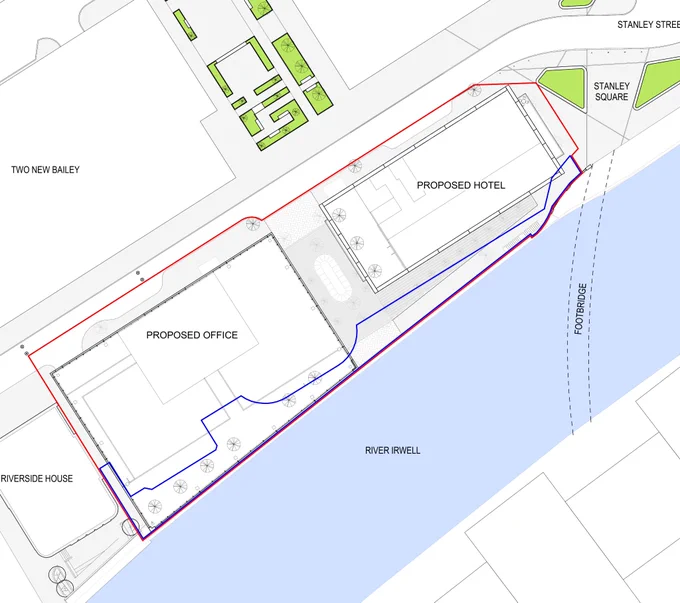 The footprint of a proposed new building on the banks of the River Irwell