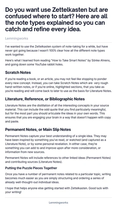 An explanation of every note type in the Zettelkasten note-taking system.