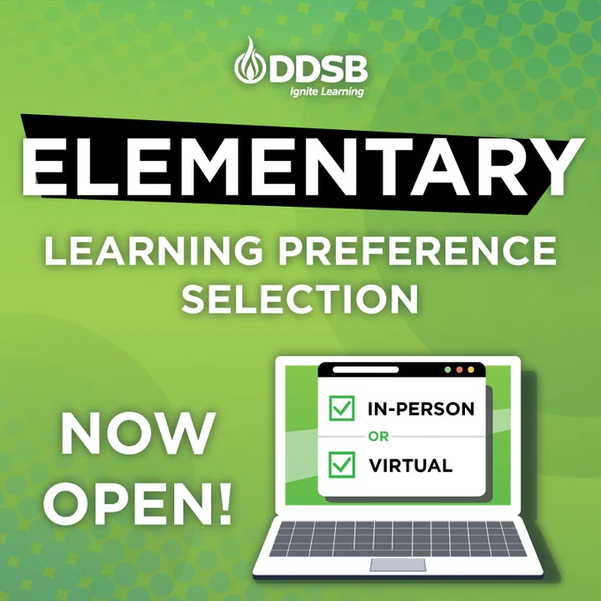DDSB Elementary learning preference selection now open! Visit the Parent Portal to change your elementary child's learning preference before January 21, 2022.