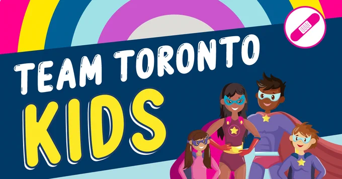 Colourful graphic with four kids dressed in superhero costumes. Text reads: Team Toronto Kids.