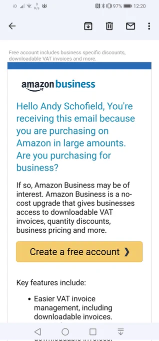 Amazon email encouraging signing up as a business