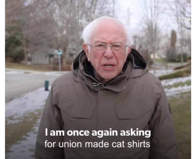 A picture of Bernie Sanders in a meme format. The text says “I am once again asking for union made cat shirts”