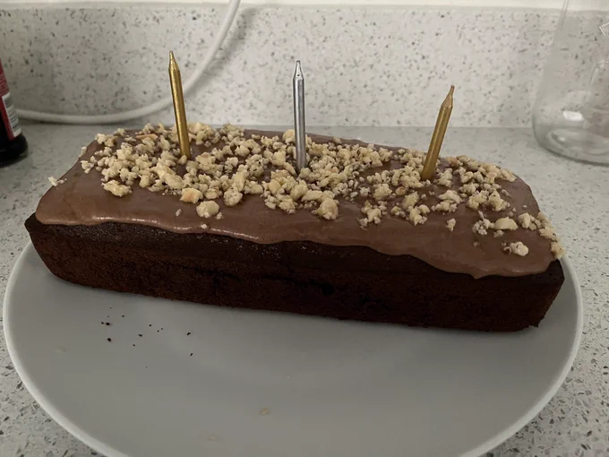 A pretty ugly rectangular chocolate cake with hazelnuts and a few candles on top
