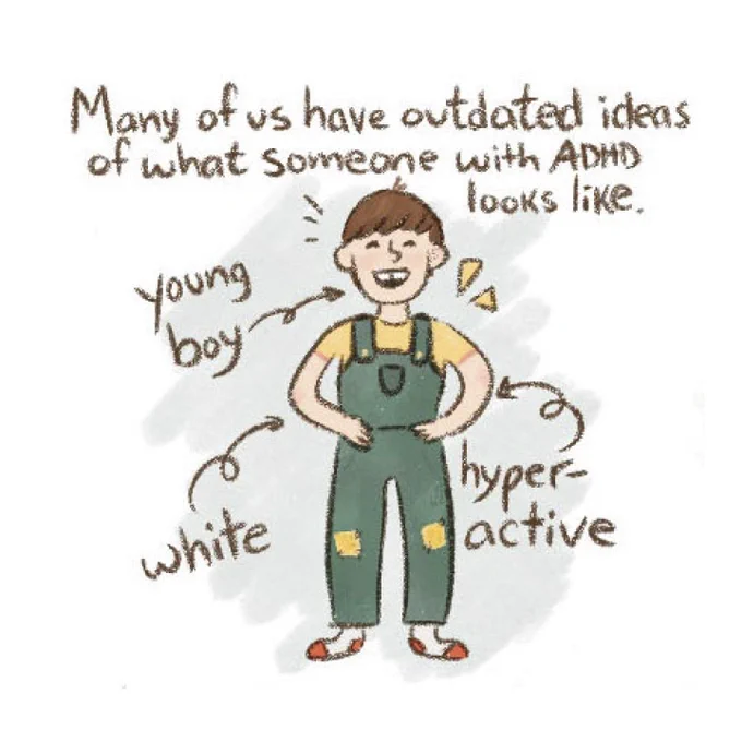 Arrows pointing to boy with labels saying young boy, white, hyperactive.
Text: Many of us have outdated ideas of what someone with ADHD looks like.