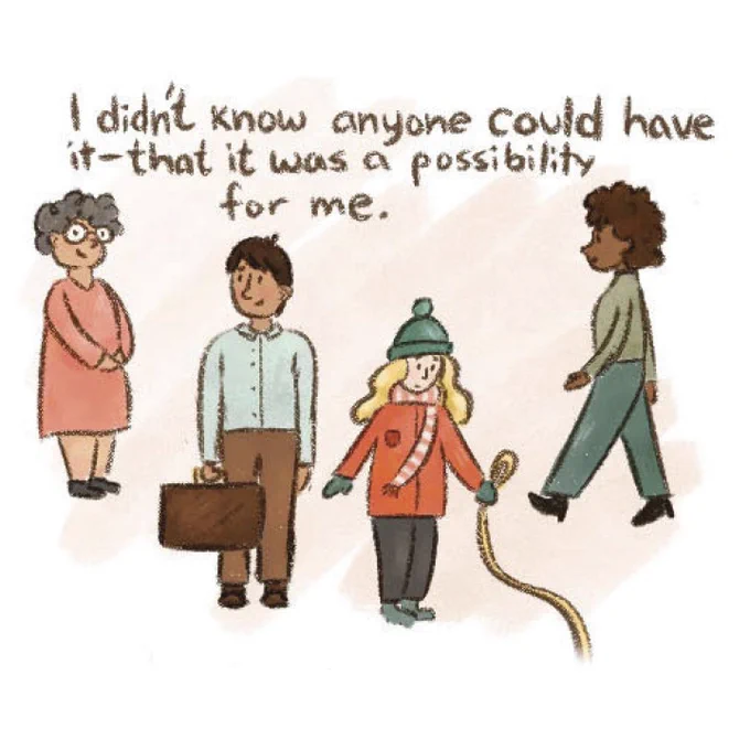 Four people walking. Text: I didn’t know anyone could have it. that it was a possibility for me.
